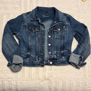 bebe Y2K Blue Jean Cropped Jacket with bebe Rhinestone Logo